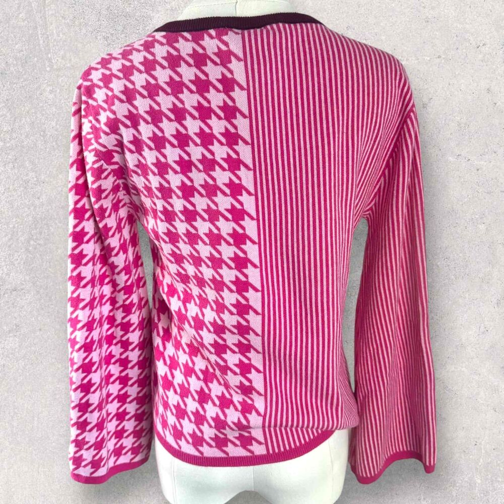 Dolan Pink White Long Sleeve Crew Neck Stripe Houndstooth Pullover Sweater Small - Picture 4 of 16